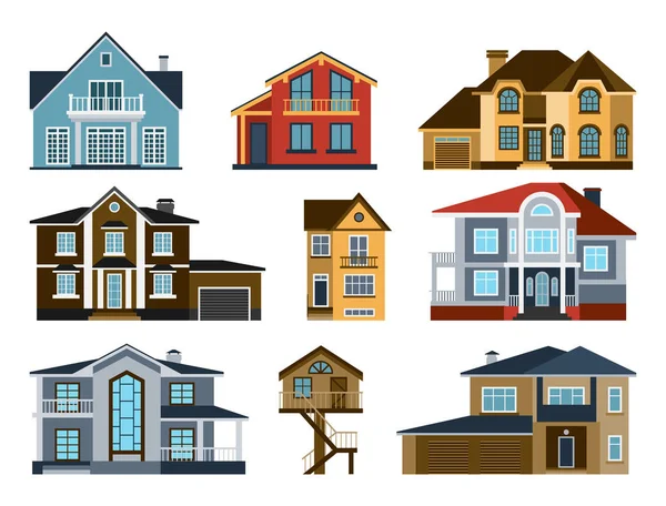 Casas frente vista vetor ilustração construção arquitetura casa construção imobiliário residencial telhado apartamento conjunto habitação casa — Vetor de Stock