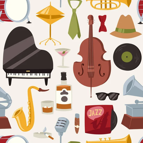 Fashion jazz band music party symbols and musical instrument sound concert acoustic blues bass design vector seamless pattern. — Stock Vector