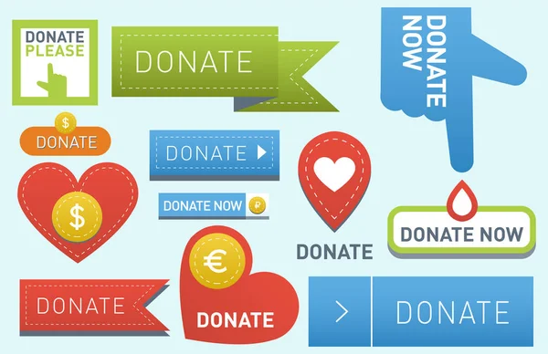 Donar botones vector conjunto ilustración ayuda icono donación regalo caridad apoyo aislado diseño signo contribuir contribución dar dinero dando símbolo — Archivo Imágenes Vectoriales
