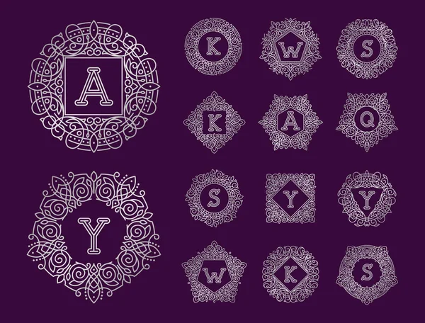 Ilustrasi vektor logo monogram huruf teks tanda pengenal daun alam Garis lambang set tanda koleksi elemen ornamen bingkai vintage ornamen elegan - Stok Vektor