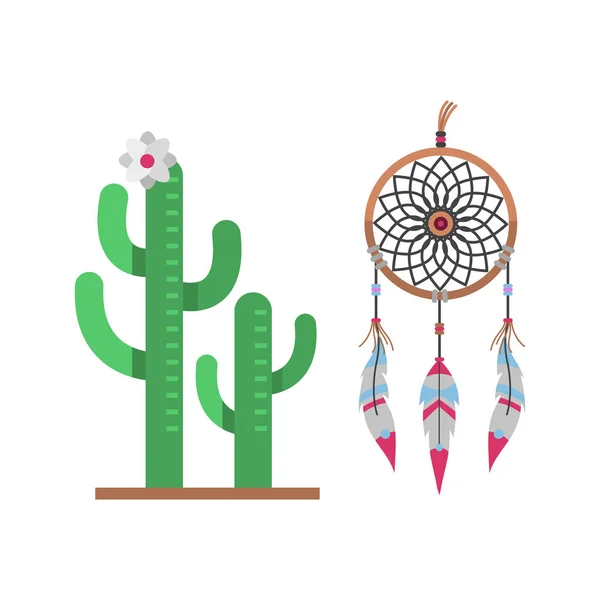 Cactus estilo plano naturaleza desierto flor verde dibujo de dibujos animados gráfica mexicana suculenta y tropical planta jardín arte cactus atrapasueños vector ilustración . — Vector de stock