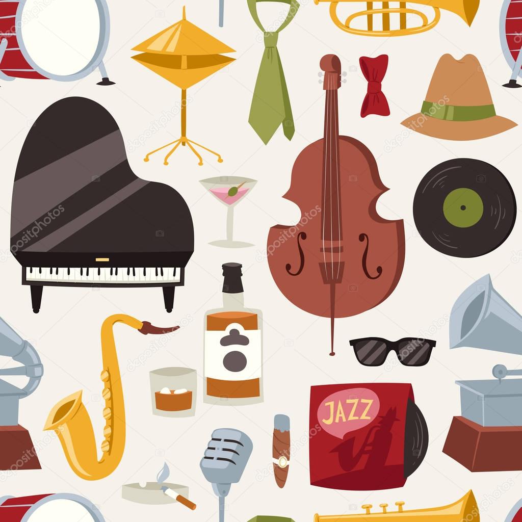 Fashion jazz band music party symbols and musical instrument sound concert acoustic blues bass design vector seamless pattern.