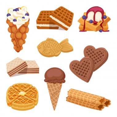 Beyaz arka plan üzerinde farklı gofret kurabiye kek ve çikolata lezzetli aperatif krem tatlı çıtır ekmek yiyecek vektör çizim waffle.