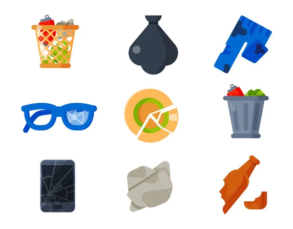 Resíduos domésticos ícones de lixo vetor ilustração lixo reciclagem ecologia ambiente isolado reciclar conceito plástico papel símbolo pode bin eco — Vetor de Stock