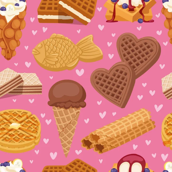 Verschillende wafer cookies wafel gebak en chocolade heerlijke snack crème dessert krokant bakkerij voedsel vector naadloze patroon. — Stockvector