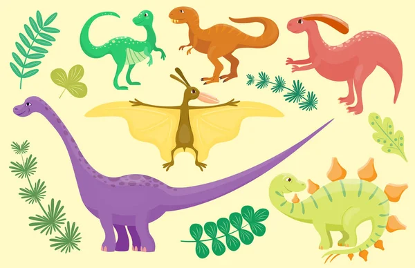 Cartoon dinosaurs vector illustration isolated monster animal dino prehistoric character reptile predator jurassic fantasy dragon leaf — Stock Vector
