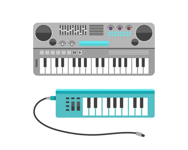 Sintetizador vintage equipamento musical design plano vetor ilustração e clássico branco teclado musical preto instrumento de som harmonia arte . —  Vetores de Stock