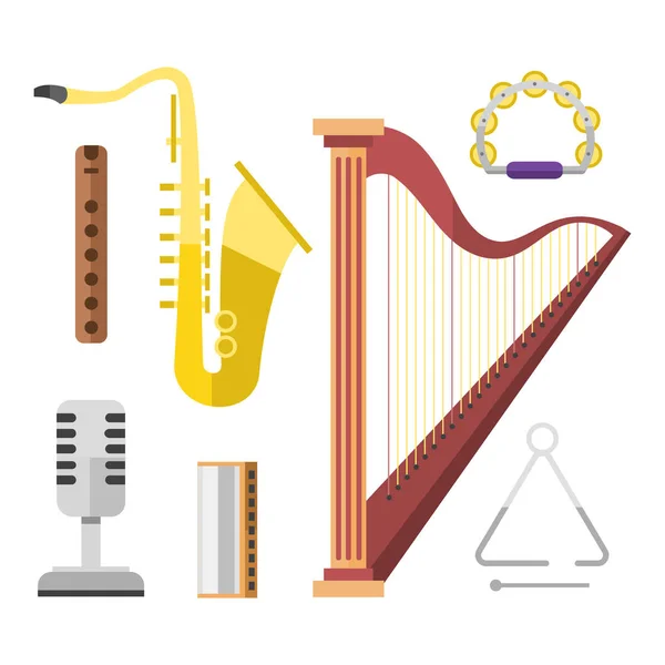 Harfen-Ikone goldene Saiten-Musikinstrument klassisches Orchester Kunst Klang-Tool und Saxophon akustische Symphonie saitige Geige Vektor Illustration. — Stockvektor