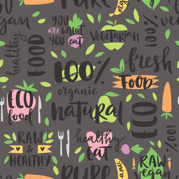 Gaya gambar tangan pola mulus Bio organik eco sehat teks makanan alami dan vintage vegan warna latar belakang restoran vektor paket ilustrasi . - Stok Vektor