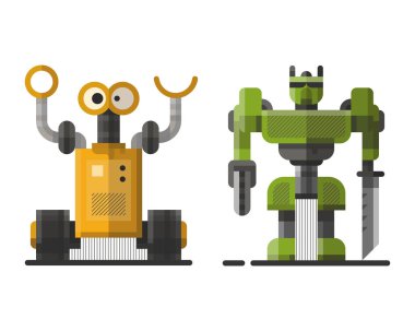 Şirin antika robot teknolojisi makine gelecekteki bilim oyuncak ve cyborg fütüristik robot öğesi simge karakter vektör tasarlamak.