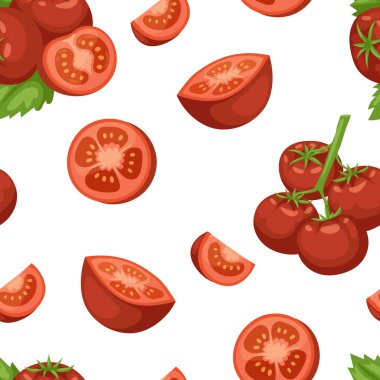 Sebze Organik gıda olgun dilimlenmiş domates Dikişsiz desen ve kırmızı vejetaryen taze ingredien tasarım doğal bitki beslenme sulu vektör çizim.