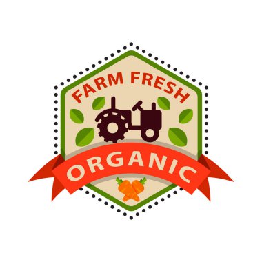 BIO organik Eko sağlıklı gıda etiketi logosu şablonu ve vintage vegan çiftlik öğesinde turuncu yeşil renk rozet vektör çizim düz stil.