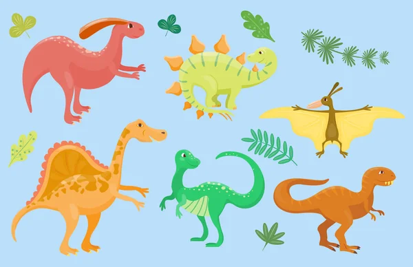 Rajzfilm dinoszauruszok vektoros illusztráció elszigetelt monster állati dino őskori karakter hüllő ragadozó jura fantasy sárkány levél — Stock Vector