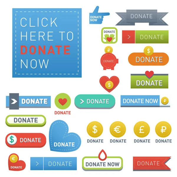 Donar botones vector conjunto ilustración ayuda icono donación regalo caridad apoyo aislado diseño signo contribuir contribución dar dinero dando símbolo — Archivo Imágenes Vectoriales