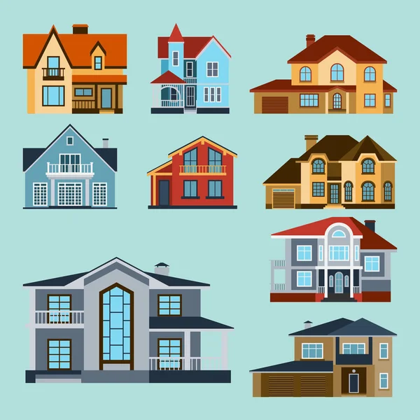 Houses front view vector illustration building architecture home construction estate residential property roof set apartment housing cottage — Stock Vector