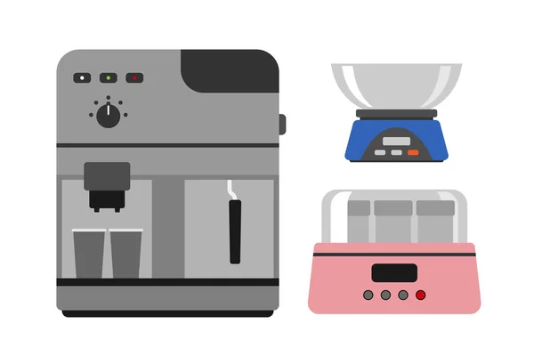 Cafetière cafetière caféine boisson moderne appareil de cuisine petit déjeuner et nourriture équipement de yaourt inoxydable balances illustration vectorielle ustensiles de cuisine . — Image vectorielle