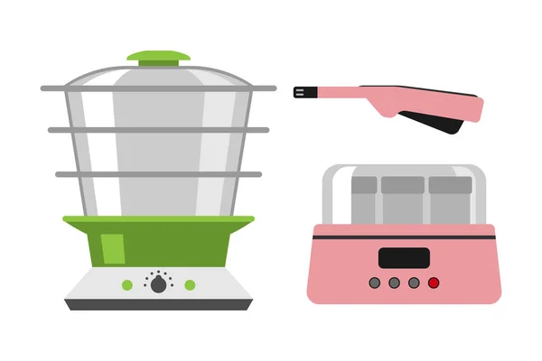 Mutfak ekipmanları ve yoğurt elektrikli ev cihazı vektör çizim yemek beyaz arka plan üzerinde izole ev yeşil çift kazan aracı. — Stok Vektör