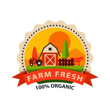BIO organik Eko sağlıklı gıda etiketi logosu şablonu ve vintage vegan çiftlik öğesinde turuncu yeşil renk rozet vektör çizim düz stil.
