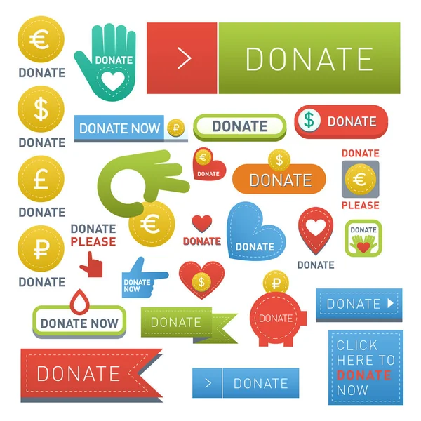 Darovat tlačítka vektorové set ilustrace pomoc ikona dar dar charitativní izolované podporu design znamení přispívají příspěvek dát peníze dává symbolu — Stockový vektor