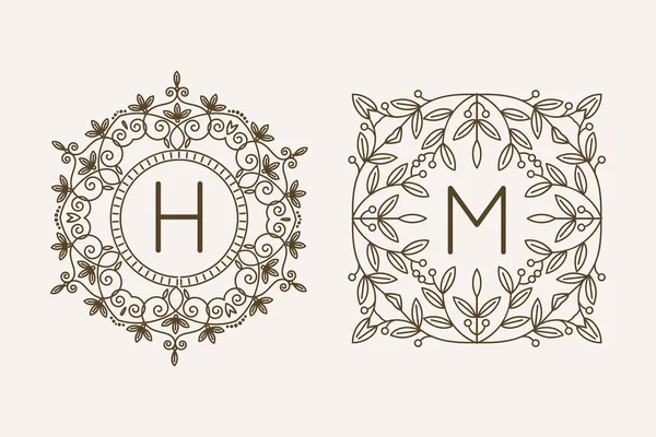 Monogram logotyp och text badge emblem raden art vektor illustration lyx mall blomstrar kalligrafiska blad elegant prydnad tecken. — Stock vektor