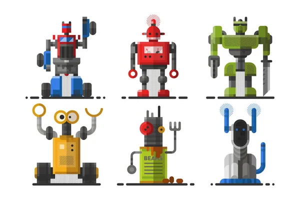 Niedlich vintage robotertechnologie maschine zukunft wissenschaftliches spielzeug und cyborg futuristisches design roboter element symbol charakter vektor illustration. — Stockvektor