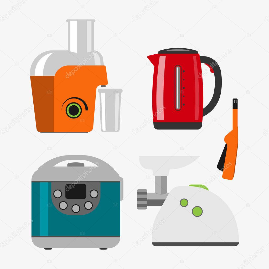 Home appliances cooking kitchen home equipment and flat style household cooking set electronics food template technology icon concept vector.