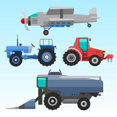 Tarım araçları ve biçme, dikim ve vektör çizim hasat çiftçilik için aksesuarlar ile ayarla hasat makinesi birleştirir ve Ekskavatör simgesi.