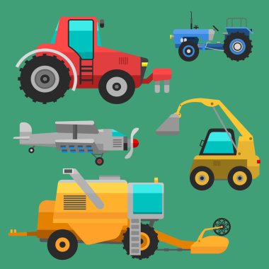 Tarım araçları ve biçme, dikim ve vektör çizim hasat çiftçilik için aksesuarlar ile ayarla hasat makinesi birleştirir ve Ekskavatör simgesi.