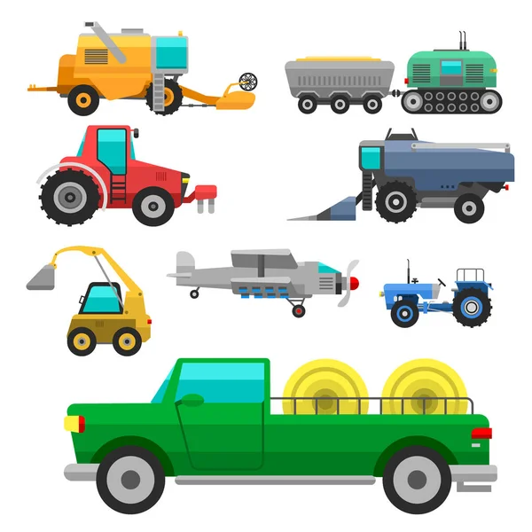 Agricultural vehicles and harvester machine combines and excavators icon set with accessories for plowing mowing, planting and harvesting vector illustration. — Stock Vector