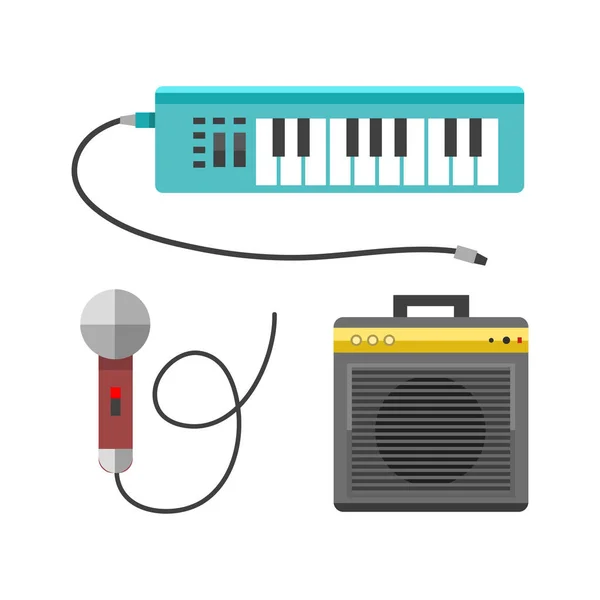老式合成器音乐设备平面设计矢量插图和古典白色黑色音乐键盘声音仪器和谐艺术. — 图库矢量图片