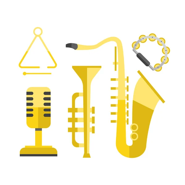 Saxofon zlaté ikony hudby klasické zvukové nástroje vektorové ilustrace a mosaz zábavy zlatý design zařízení blues hudebník koncert sax. — Stockový vektor