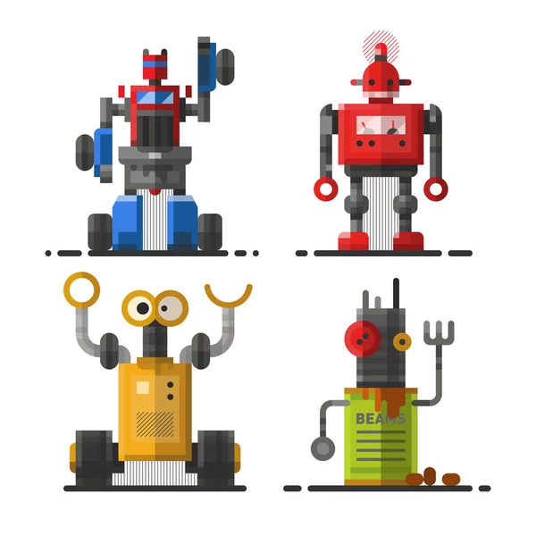 可爱的复古机器人技术机器未来科学玩具和机器人未来派设计机器人元素图标字符矢量图. — 图库矢量图片