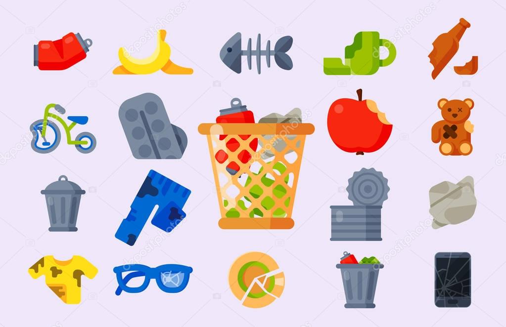Household waste garbage icons vector illustration trash recycling ecology environment isolated recycle concept plastic paper symbol can bin eco