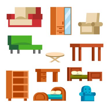 Dolap basit öğe kapalı ana set Oda dolap office ev koltuk kanepe dolap yaşayan illüstrasyon izole iç mobilya simgeler vektör