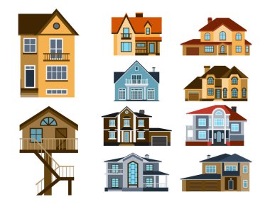 Mimari ev İnşaat Emlak Konut Emlak çatı bina evler Önden Görünüm vektör çizim apartman konut yazlık ayarla