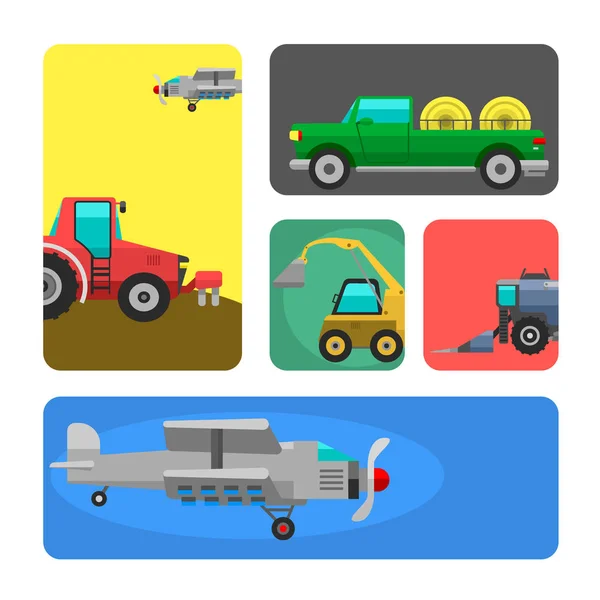 Agricultural vehicles cards harvester machine combines and excavators icon set with accessories for plowing mowing, planting and harvesting vector illustration. — Stock Vector