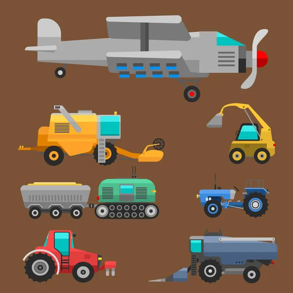 Agricultural vehicles and harvester machine combines and excavators icon set with accessories for plowing mowing, planting and harvesting vector illustration. — Stock Vector