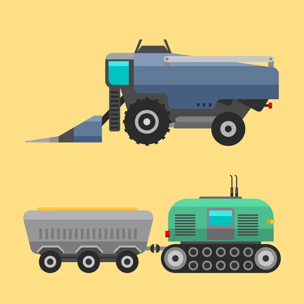 Agricultural vehicles and harvester machine combines and excavators icon set with accessories for plowing mowing, planting and harvesting vector illustration. — Stock Vector