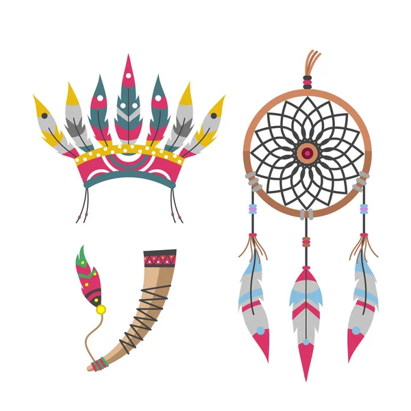 Tocado de plumas indias del oeste salvaje elemento diseñado concepto de arte tradicional y ornamento de cultura de plumas étnicas tribales nativas para la ilustración de vectores de diseño . — Vector de stock