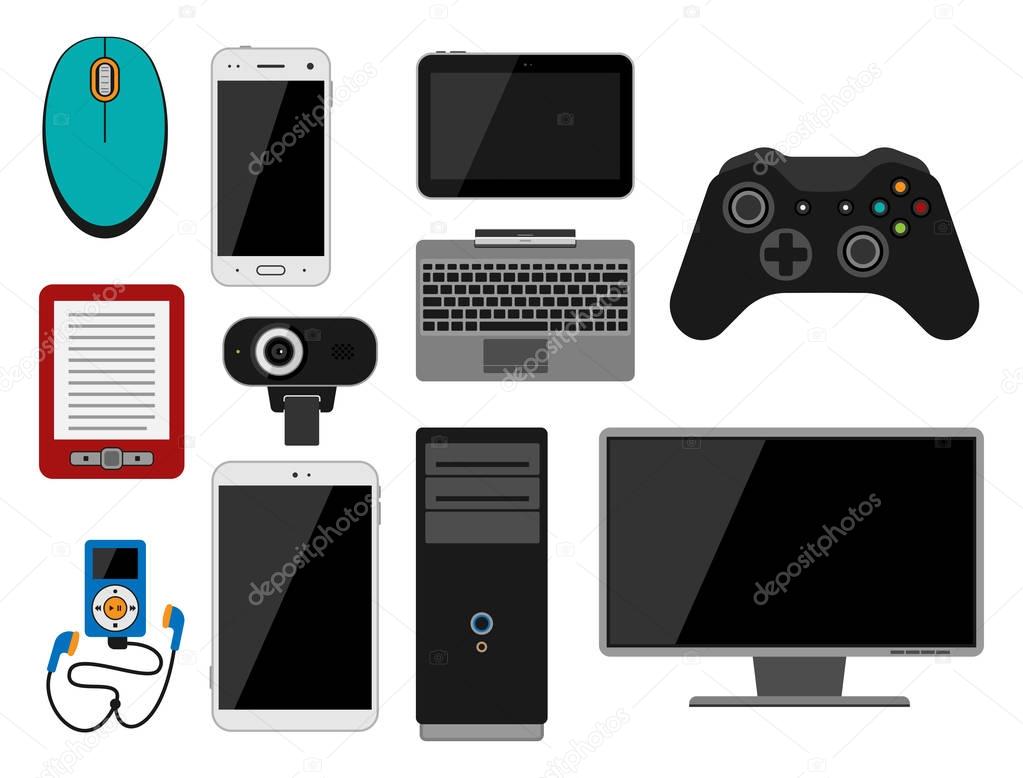 Electronic gadgets icons technology electronics multimedia devices everyday objects control and computer connection digital network vector illustration.