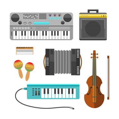 Farklı müzik aletleri müzik gitar keman ve ses klasik konser trompet koleksiyonu eğlence kompozisyon illüstrasyon vektör.