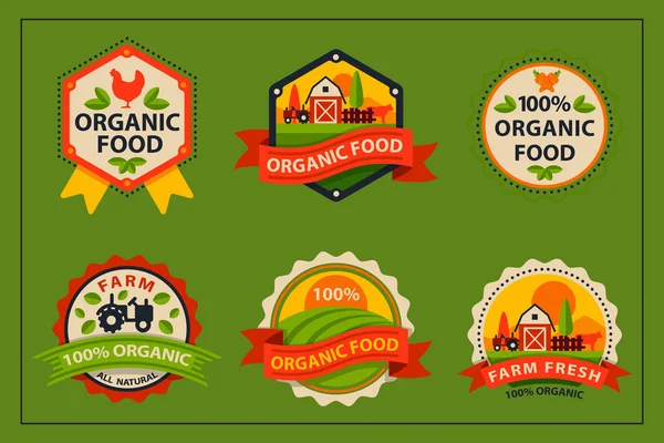 Lapos stílusú bio bio-öko egészséges élelmiszer címke logó sablon és a vintage vegán farm elem narancssárga színű jelvény vektoros illusztráció. — Stock Vector
