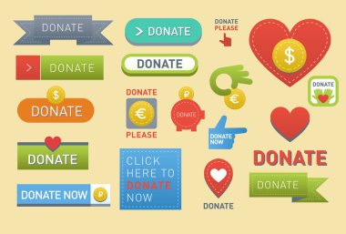 Düğmeleri vektör kümesi illüstrasyon yardım simgesi bağış hediye izole sadaka destek tasarım işaret katkı vermek para veren sembol katkıda bağış