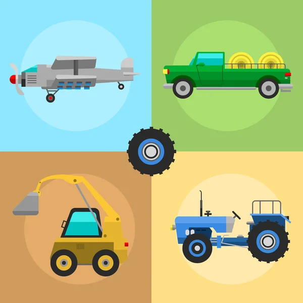 Maquinaria cosechadora de tarjetas de vehículos agrícolas combina y excavadoras icono conjunto con accesorios para la siega de arado, siembra y cosecha vector ilustración . — Vector de stock
