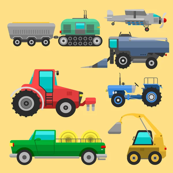 Landwirtschaftliche Fahrzeuge und Erntemaschinen Mähdrescher und Bagger Symbolset mit Zubehör zum Mähen, Pflanzen und Ernten Vektorillustration. — Stockvektor