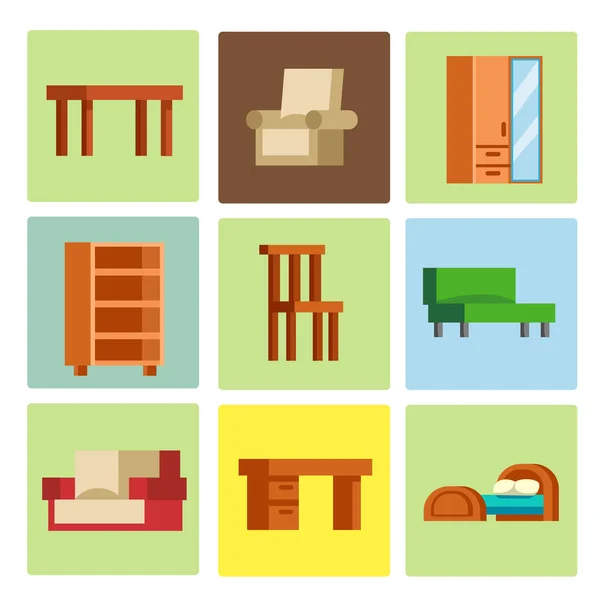 Muebles iconos vector ilustración aislado interior sala de estar armario elemento simple interior casa habitación gabinete oficina casa sillón sofá armario — Vector de stock