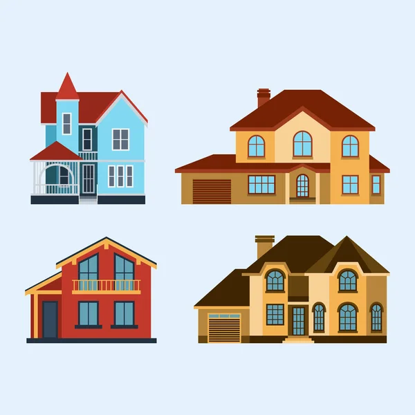 Виды домов с фронтальным видом на векторную иллюстрацию здания архитектура — стоковый вектор