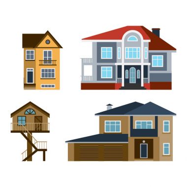 Mimari ev İnşaat Emlak Konut Emlak çatı bina evler Önden Görünüm vektör çizim apartman konut yazlık ayarla