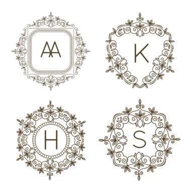 Monogram logo ve metin rozet amblemi satırı sanat vektör çizim lüks şablonu kaligrafi yaprakları zarif süsleme işareti geliştiği.