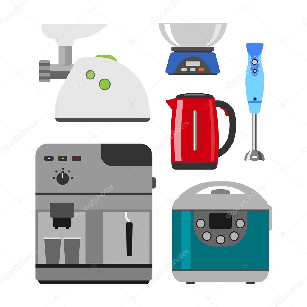 Home appliances cooking kitchen home equipment and flat style household cooking set electronics food template technology icon concept vector.